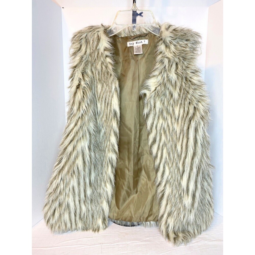 Say What ? Juniors Shaggy Faux Fur Vest Vegan Lined S Cream Ivory Multi